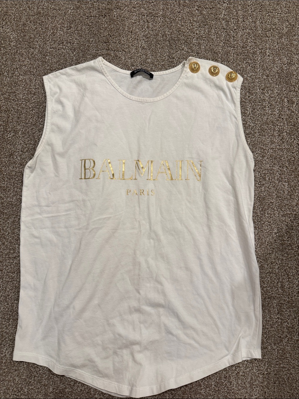 Balmain White Sleeveless Logo Tank with Gold Button Accents